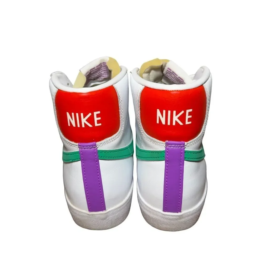 Nike Blazer Mid White Leather Sneakers with Green Swoosh & Purple size 9.5